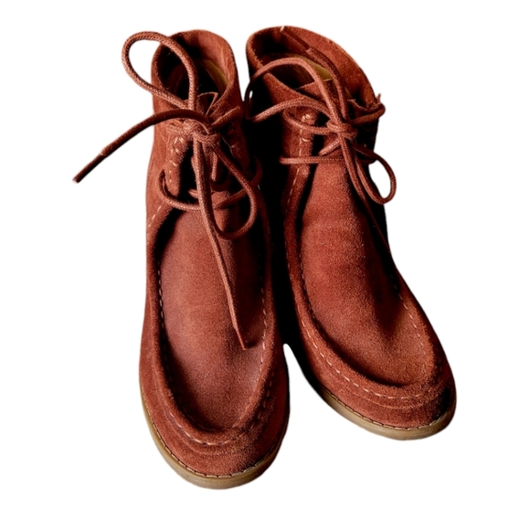 Lucky Brand Burnt Orange Suede Leather Lace Up Wedge Booties Ankle Boots Sz 8.5 - Picture 2 of 8